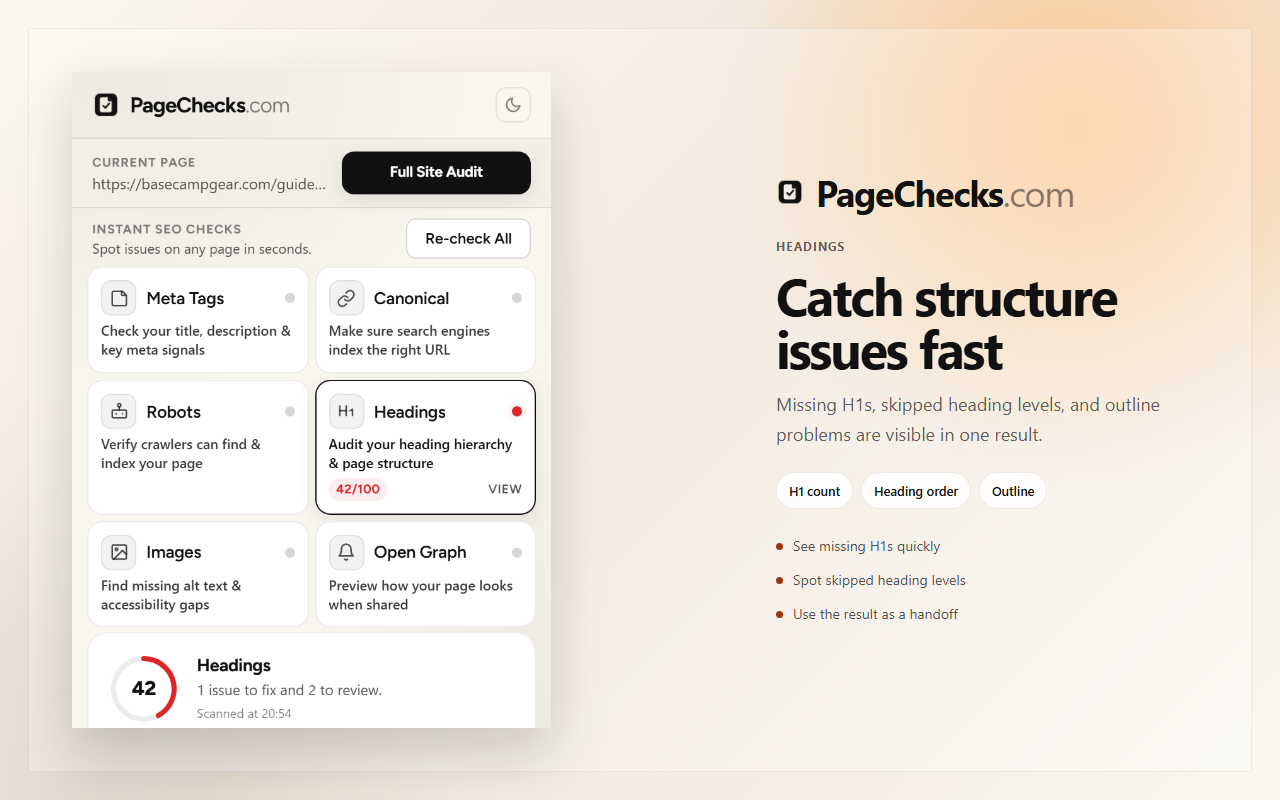 Heading issues report showing missing or duplicate heading structure