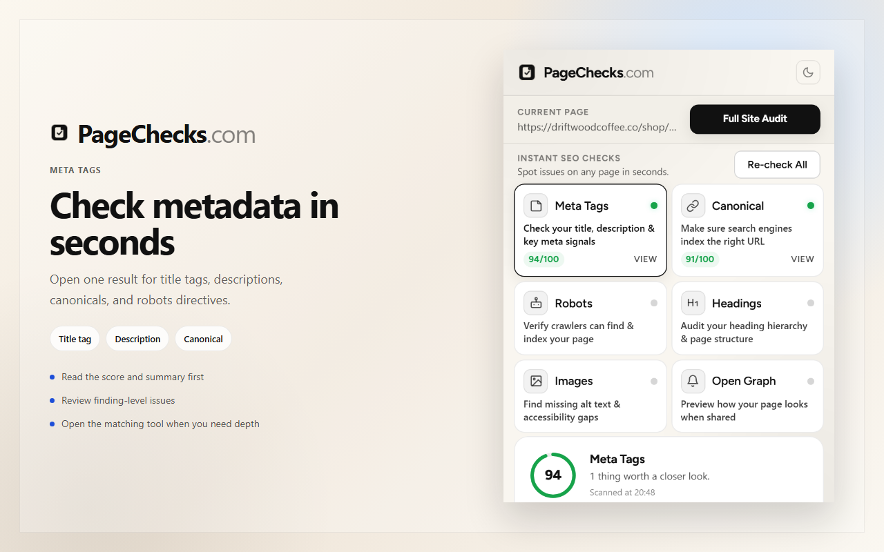 Meta tag results showing the title, description, and social preview fields