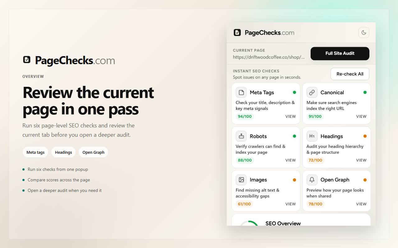 SEO overview scorecard showing the page score, canonical, robots, and Open Graph checks