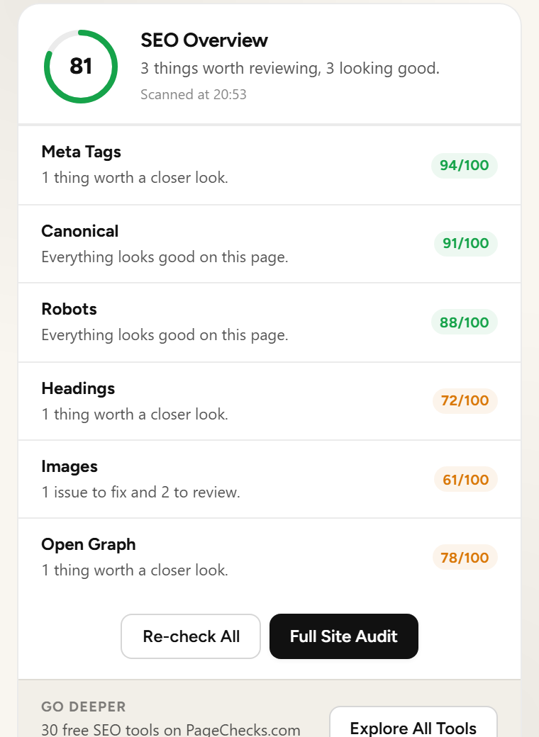 Overview breakdown showing pass, warning, and issue counts for the current page