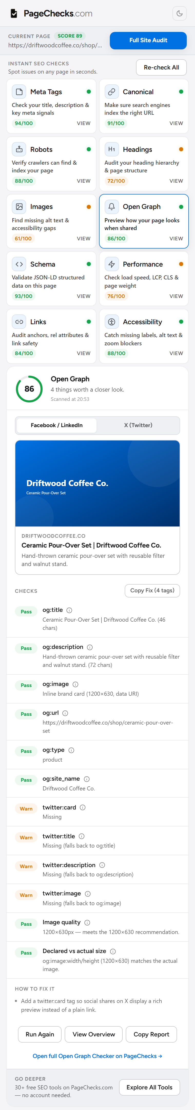 PageChecks extension Open Graph check rendering the page's real og:image inside a Facebook and LinkedIn share-card preview.