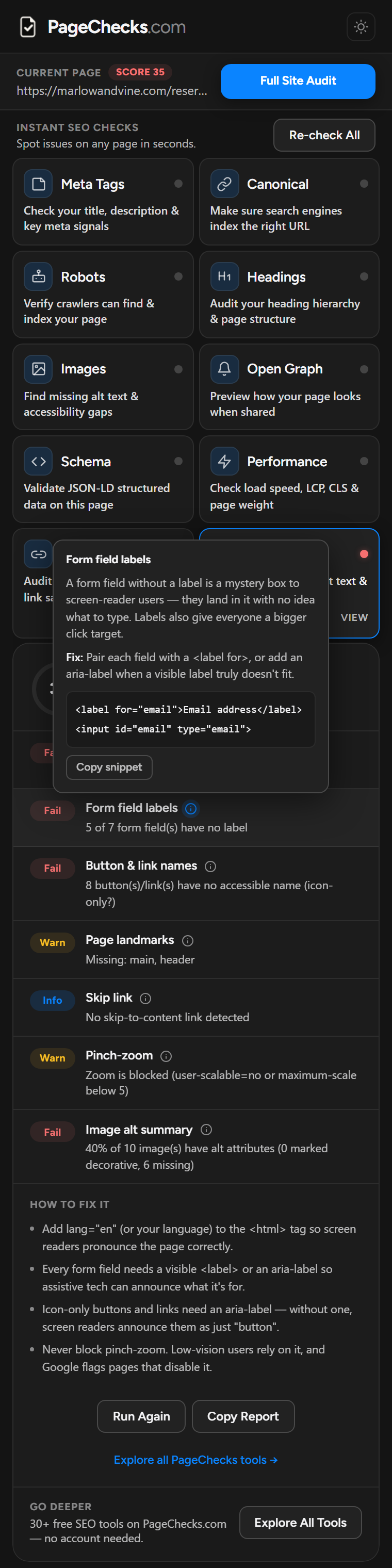 PageChecks extension accessibility check in dark mode, with an explainer popover open on why form fields need labels.