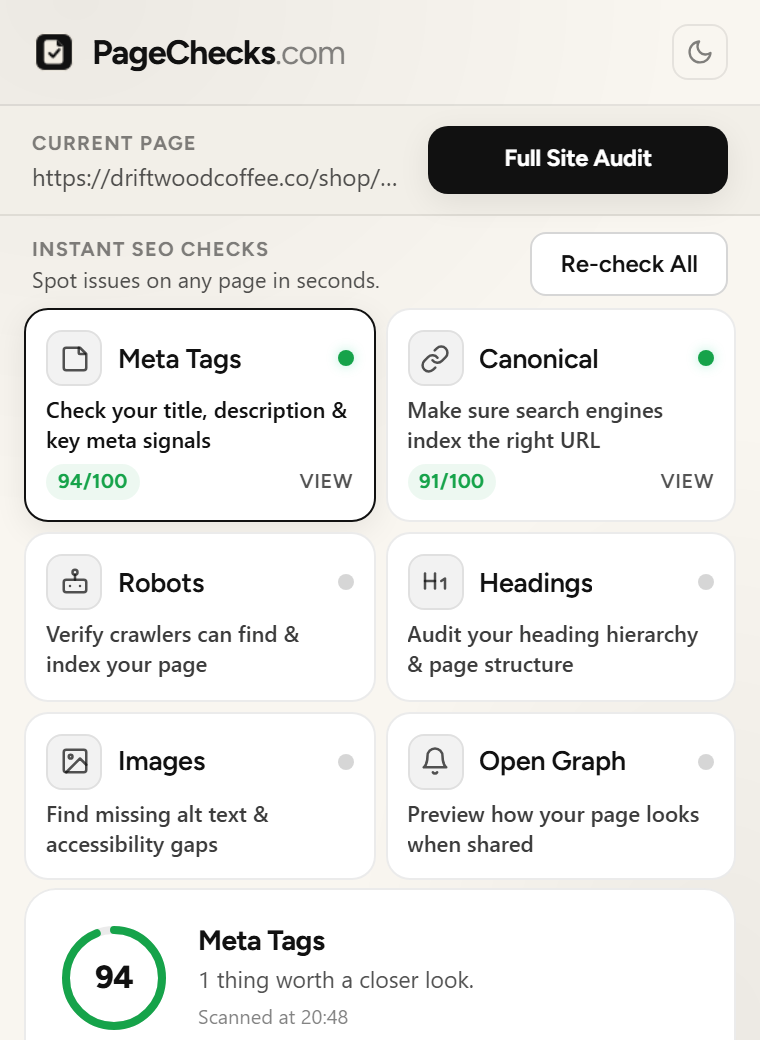 Meta tag results showing the title, description, and social preview fields