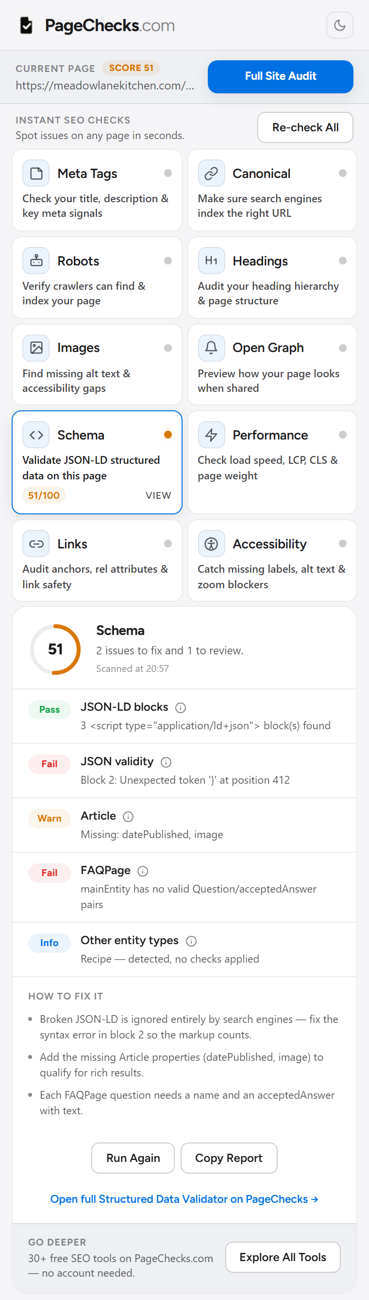 PageChecks extension Schema check flagging a broken JSON-LD block and a missing FAQPage answer on a recipe page.
