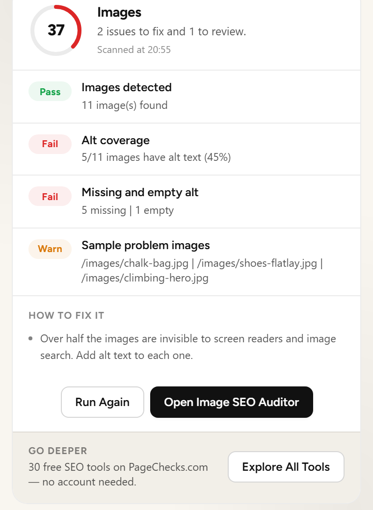 Image recommendations showing missing alt text and optimization suggestions