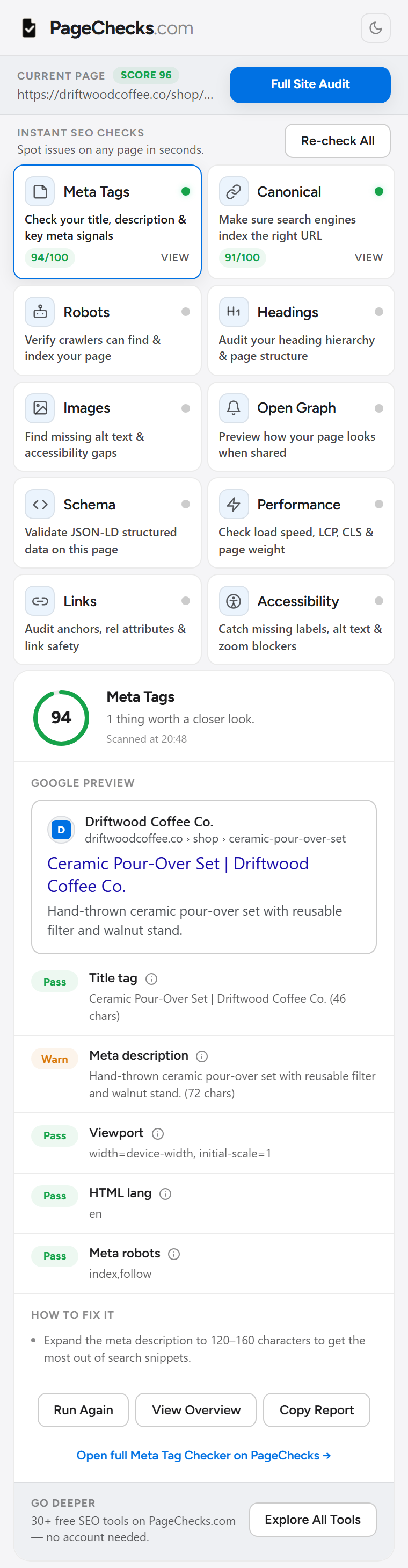 PageChecks extension Meta Tags check with a live Google search (SERP) preview of the page's title and description.